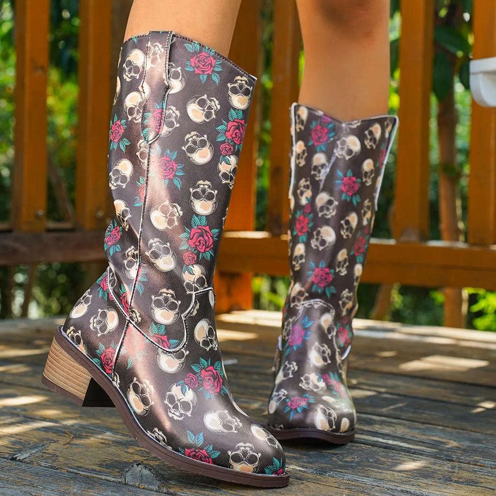 Fashion Skull Printed PU Leather Boots for Women 2024 Autumn Winter Chunky Heels Mid Calf Boots Woman Halloween Theme Long Western Boots