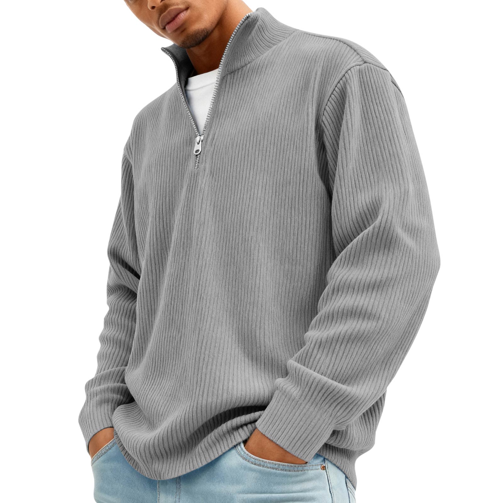 Men’s Corduroy Long Sleeve Half Zip Pullover Sweater Ribbed Knit Stand Collar Casual Loose Fit Top XXL