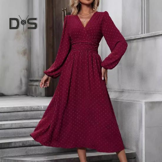 Women Spring Fall Dress V Neck Slim Waist Long Bubble Sleeves A-line Pleated MId-calf Length Flowy Dress Prom Party Dating Midi Dress