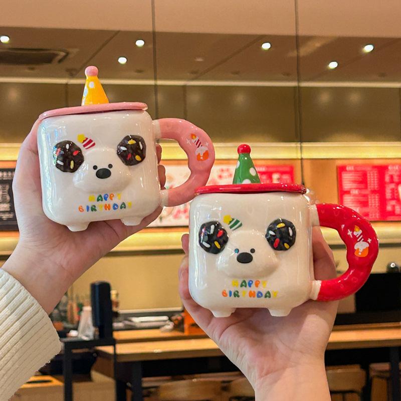 Birthday gift for girls Cute puppy cup Couple ceramic mug with lid Girlfriend souvenir gift box