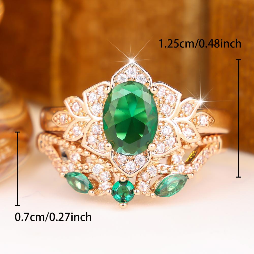 Delicate Gold Color Ring Set for Women Green Zircon Fashion Banquet Jewelry Gift