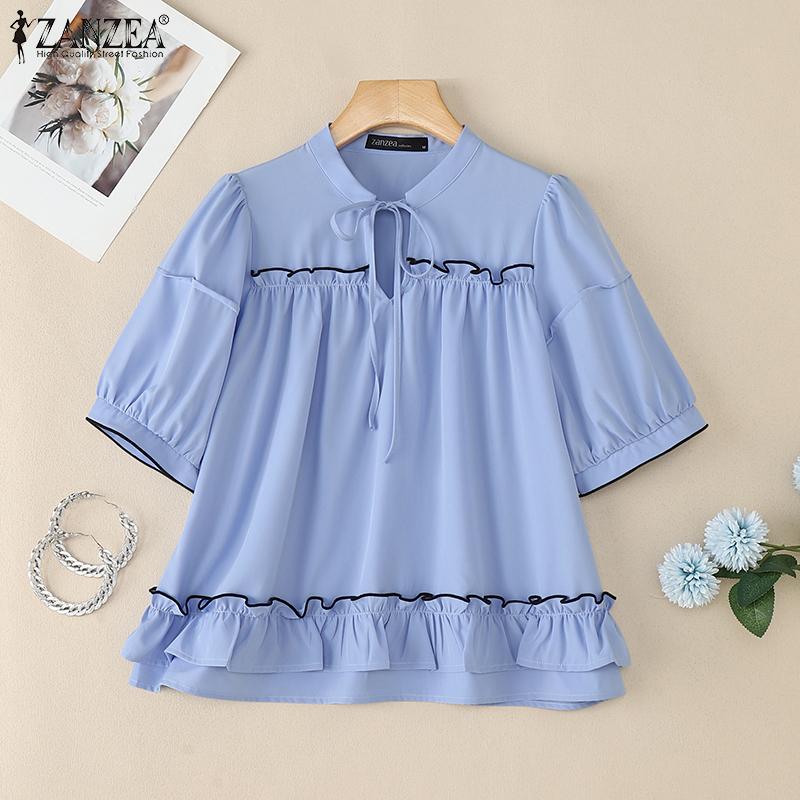 ZANZEA Women Lace Up Round Neck Casual Short Sleeve Blouse