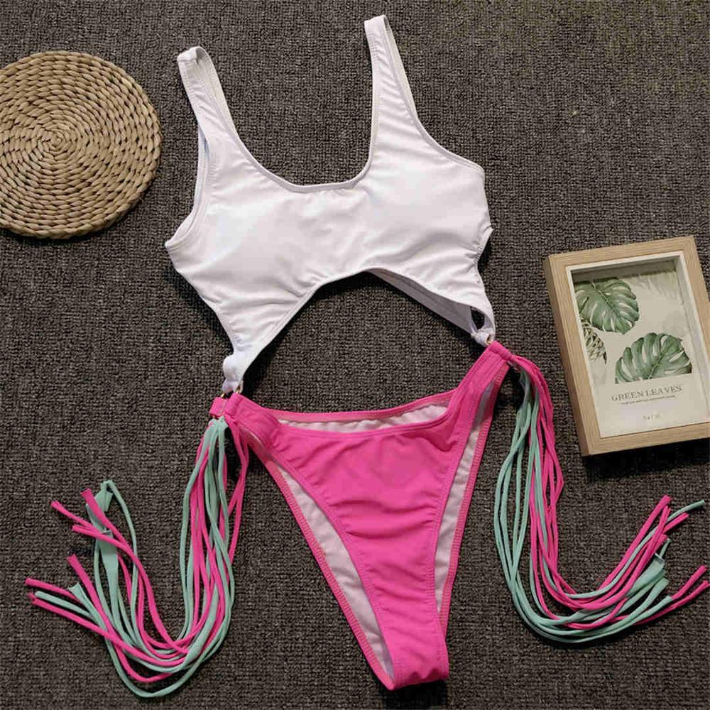 Fringe Women Swimwear Tummy Cut Out One Piece Swimsuit Female Tassel Bather High Cut Bathing Suit Swim Wear Lady