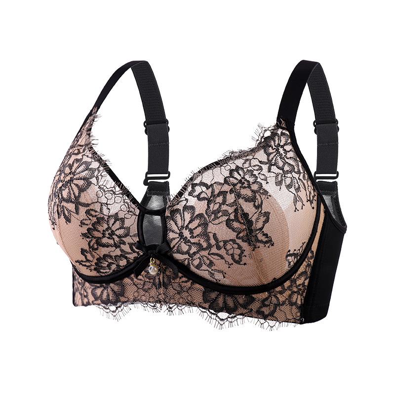 

French Bra Female Sexy Lace Underwear Thin Anti-sagging Underwire Bra with Side Breast Control Push Up Bra 34/75B чорний