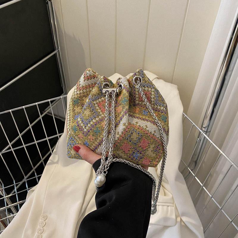 Chic Round Cotton Linen Crossbody Bag With Colorful Stitching And Soft Texture