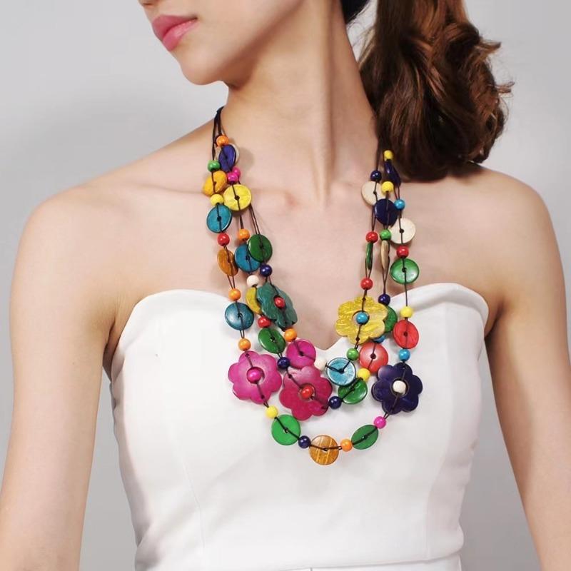 

Bohemian Style Multicolor Wood Flower Beaded Long Necklace 1pcs разноцветные
