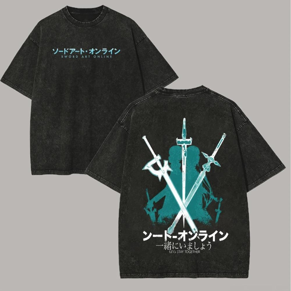 Sword Art Online Kirito & Asuna Vintage Washed T-Shirt Anime Couple Graphic Black Cotton Oversized Streetwear Tee