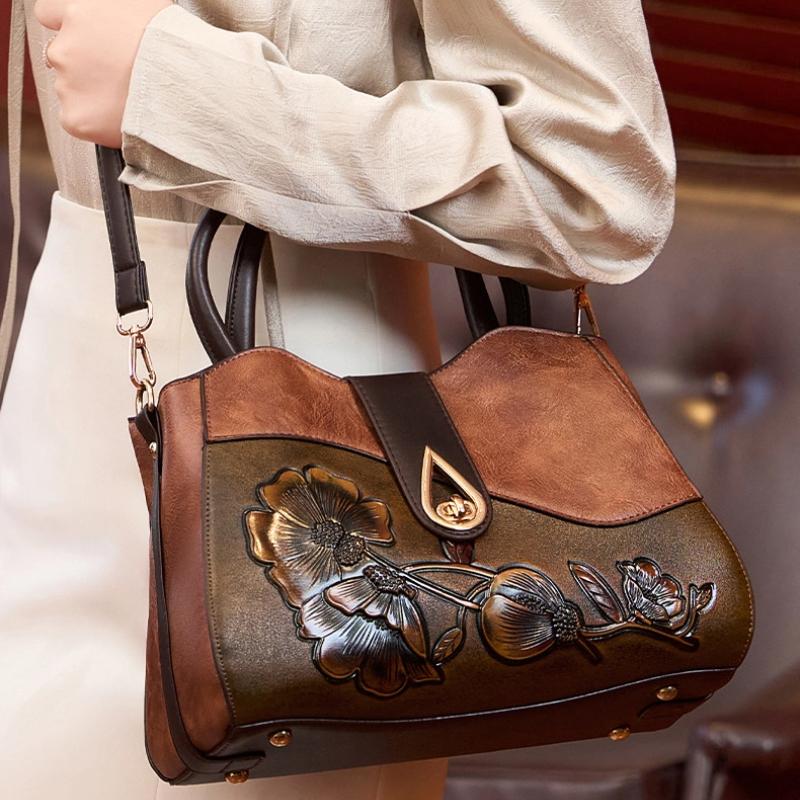 2025 Vintage Shoulder Crossbody Bags for Women Splicing Literary Embossed Handbag For Ladies Gift Purse PU Leather Women Bags