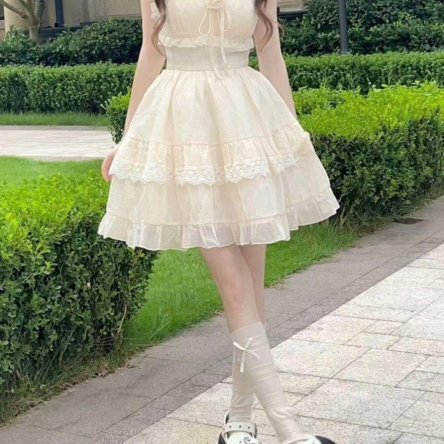 Süßes erste Liebe Schleife Kleid Damen Sommer Französisch kleine Fledermausärmel Prinzessin Kuchenkleid Taille flauschiger Rock