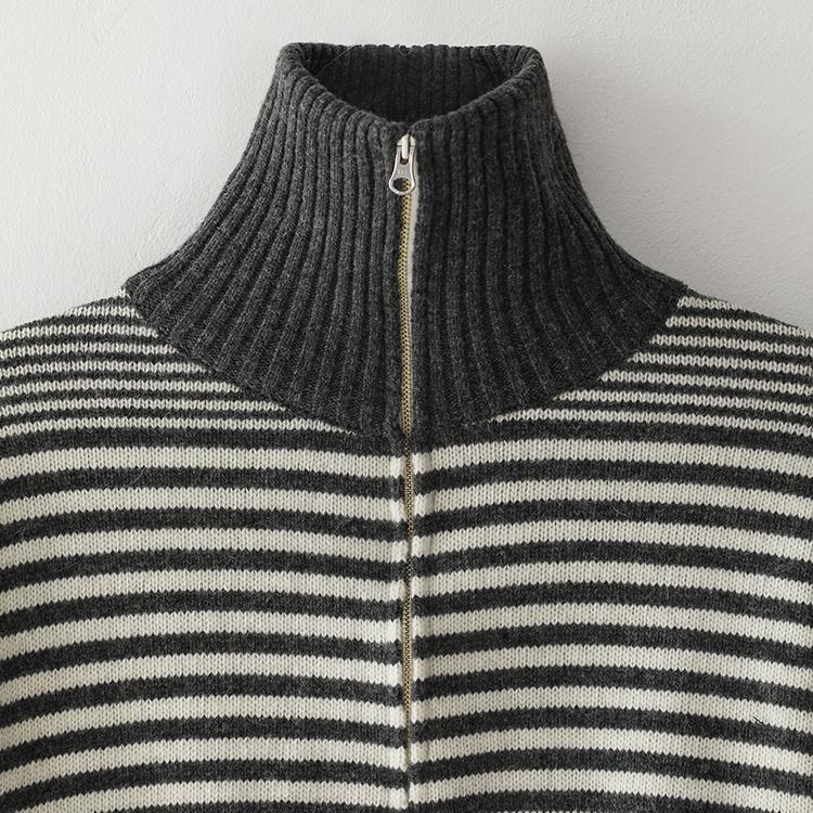 Beullusseonpeullawo Merino Wool Striped Half Knit Zip-Up - Gray