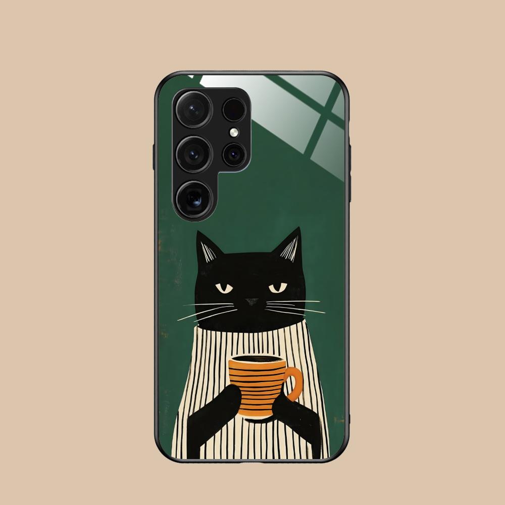Cute Coffee Cat Glass Mobile Phone Case for Samsung Galaxy S26 S25 S24 S23 S22 S21 S20 Note20 Plus FE Ultra Colorful Cover