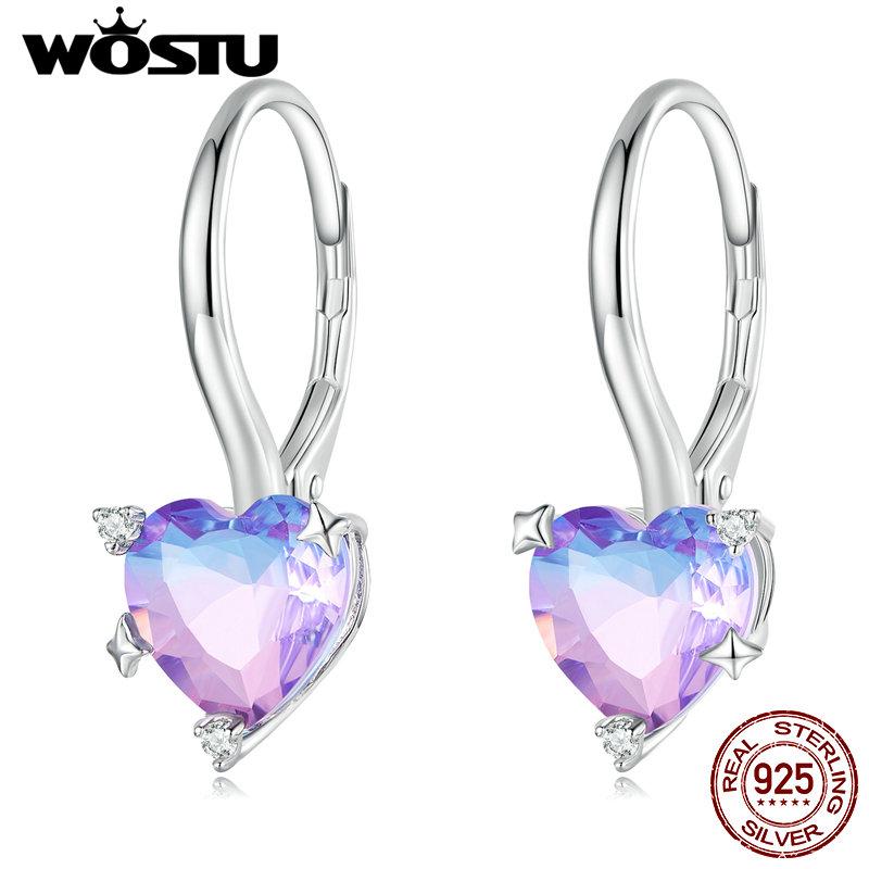 WOSTU 925 Sterling Silver Blue Purple Rainbow Heart Hoop Earrings for Women Sweet Romantic Drop Pendiente New Year Jewelry Gift