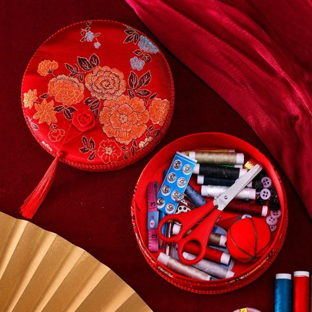 Traditional Wedding Needle Thread Box Handcrafted Portable Sewing Box Set Measuring Tape Threads Hand Sewing Tool Kit rosso