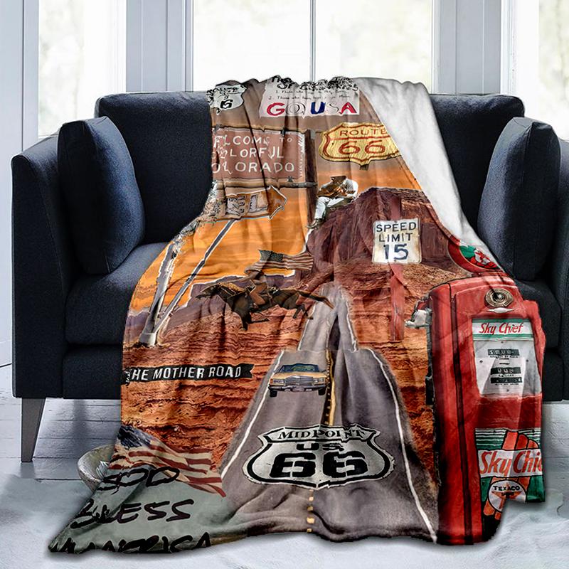 1Pz Coperta con motivo Highway 66, leggera per tutte le stagioni, per casa, ufficio, pisolino all'aperto, coperta multifunzionale
