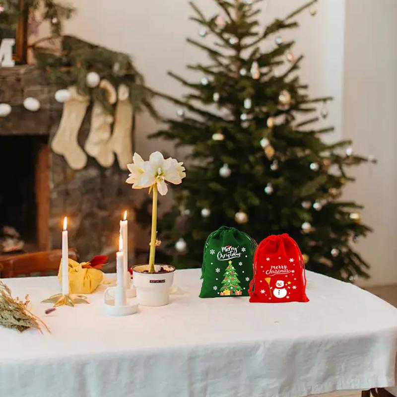 6/8/12Pcs Drawstring Gift Bags Red Green Cartoon Patterned 2025 Packaging Bags For Party Favors Velvet Christmas Candy Bag