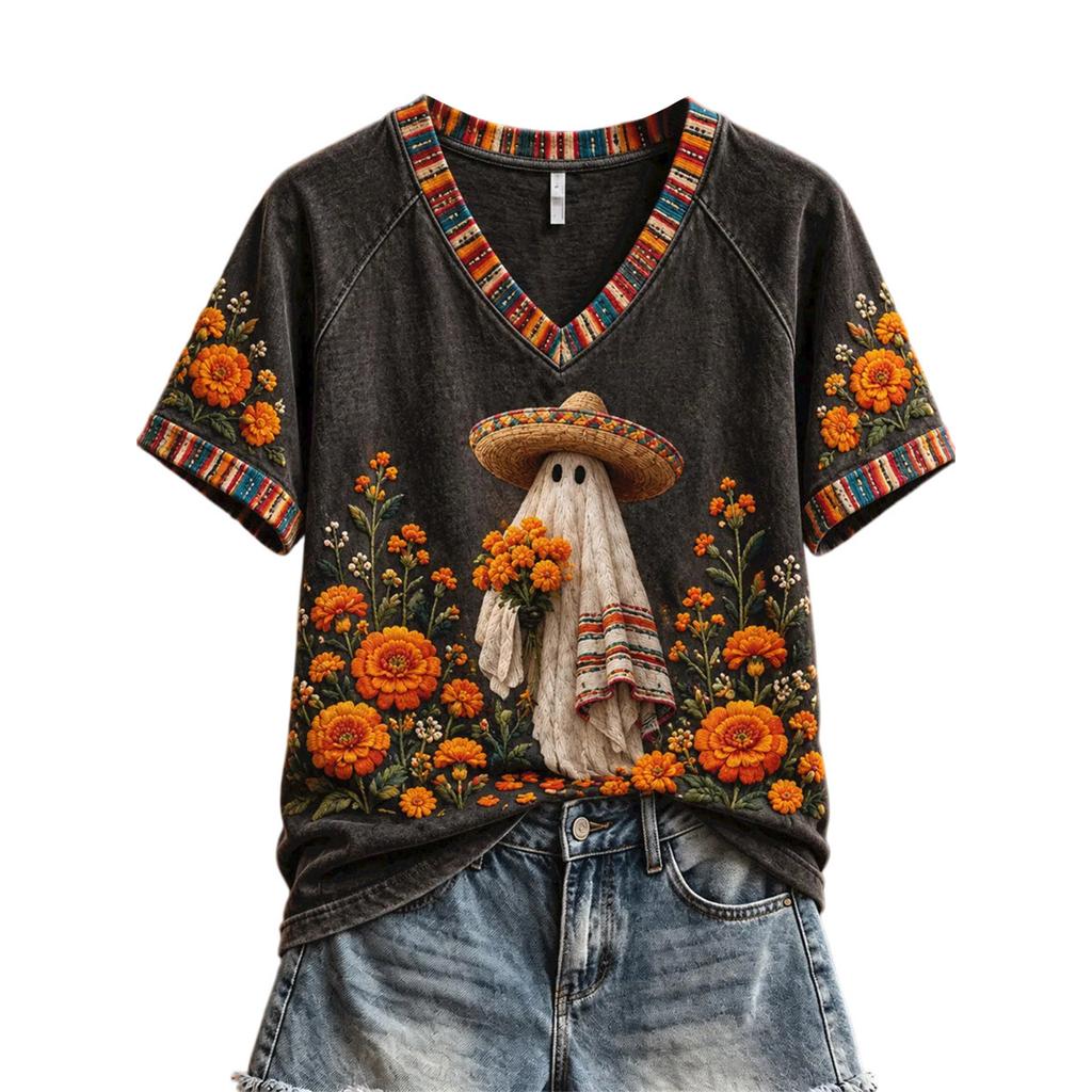 Women's V-Neck Printed Raglan Short Sleeve Top
