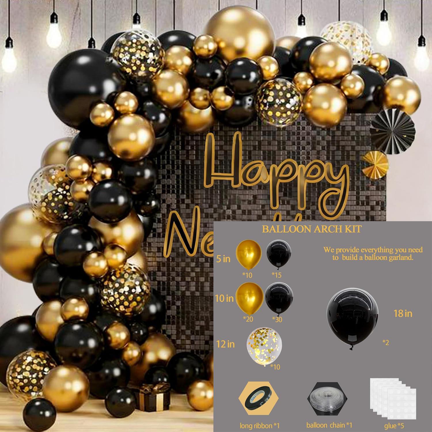 Black Gold Star Balloon Chain Set for Birthday, Retirement, Bachelorette Party, Christmas, and New Year Celebrations.