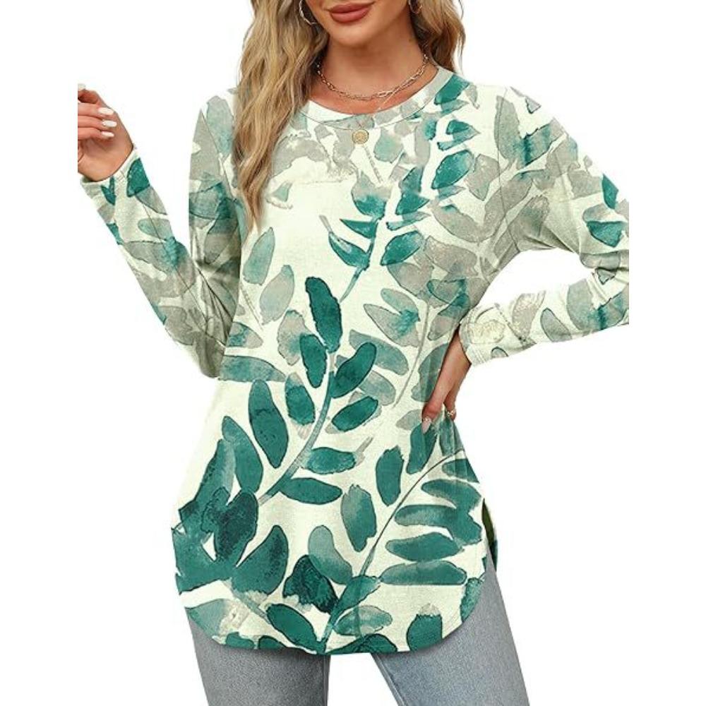 Women's O Neck Long Sleeve Tunic Top Solid Color Casual Loose Curved Hem T Shirt