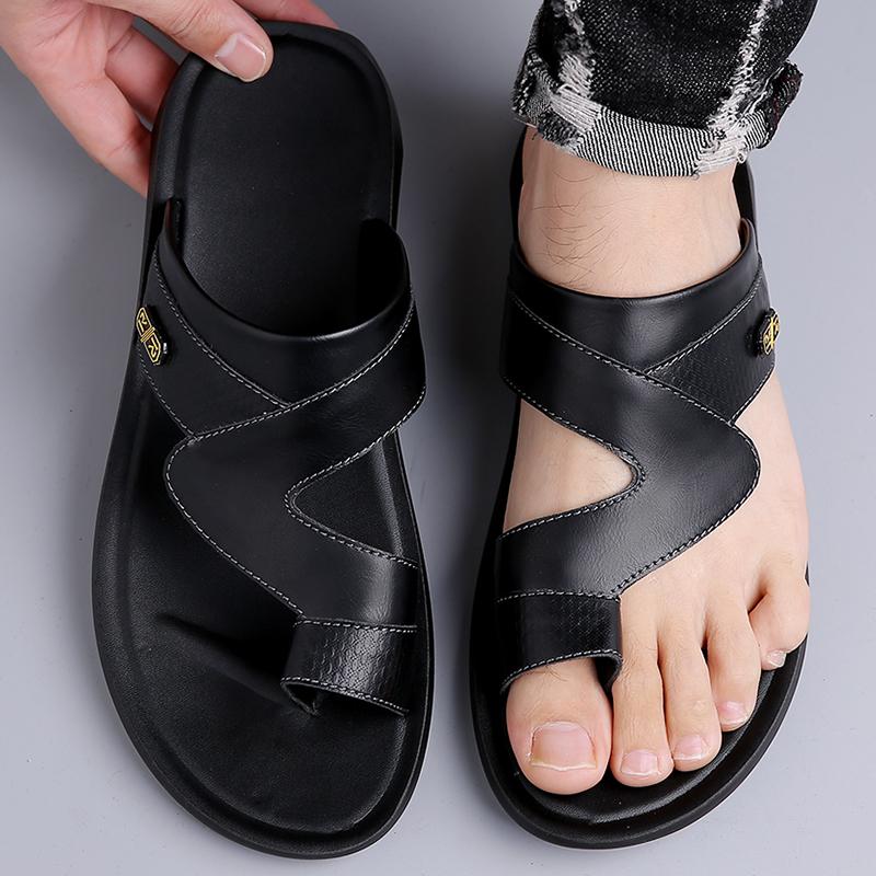 Tongs pour Hommes Pantoufles en Cuir Noir Chaussures Plates Simples Été Blanc Extérieur Marron Bout Ouvert Chaussures de Plage Grande Taille