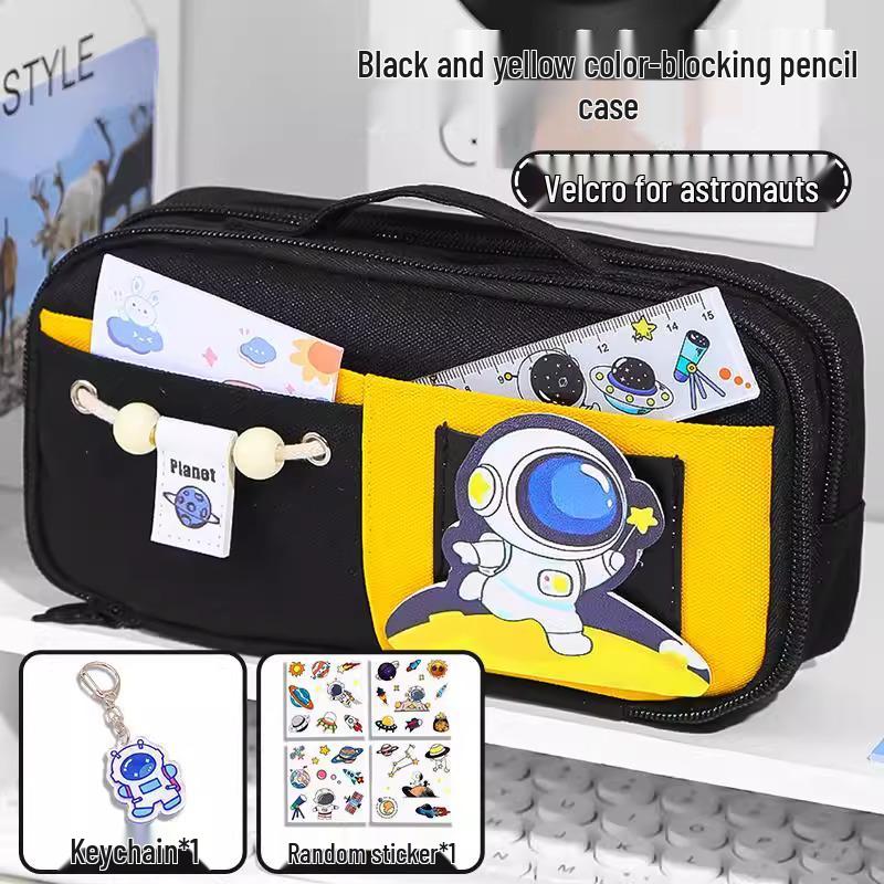 Send Astronaut Velcro! Boys' Black Dirt-Resistant Pencil Case, Hand-Carry, Large Capacity, New 2025 Style.