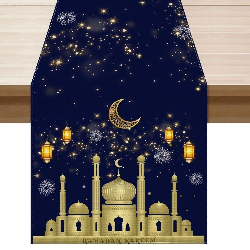 Thickened Ramadan Table Runner Vintage Decorative Star Moon Tablecloth Castle Lantern Pattern Table Cover Islamic Party Decor
