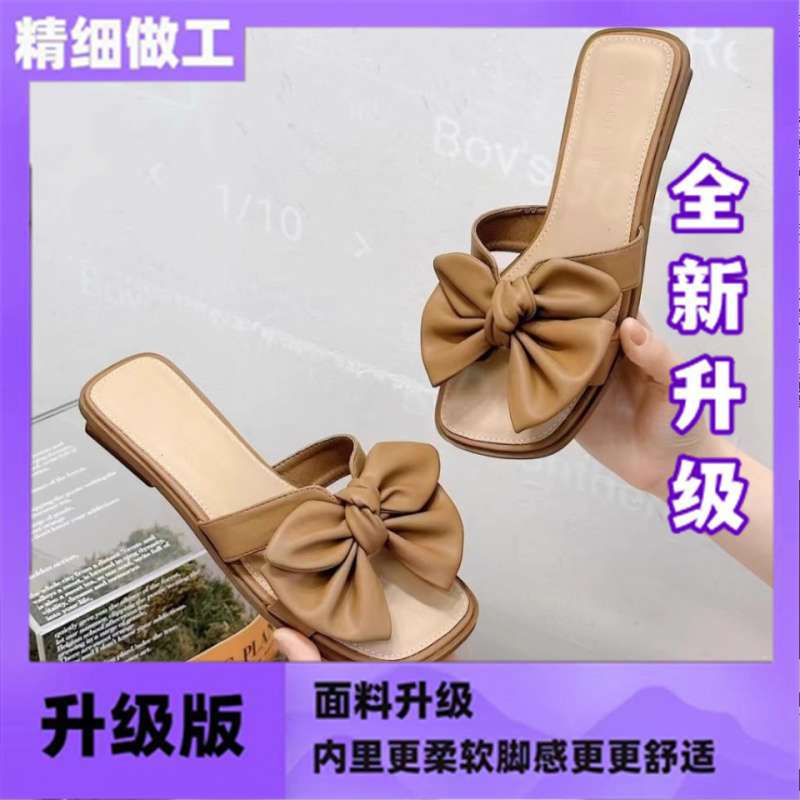 Low-heeled bow one-word drag women's summer wear flat-bottomed square-head slippers 2025 new seaside beach shoes