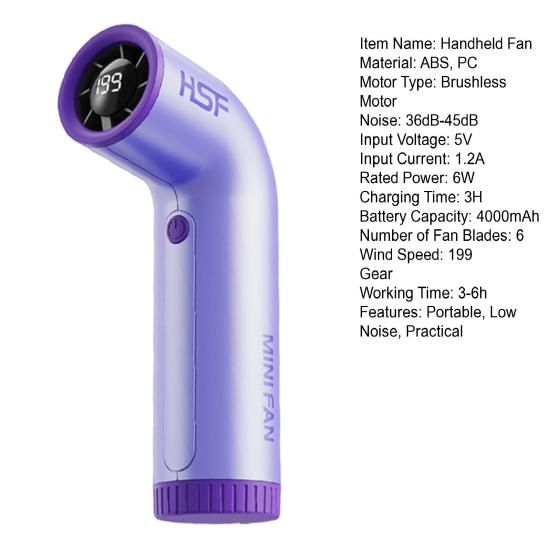 Portable Handheld Fan with Brushless Motor Digital Display Strong Airflow High Speed Rechargeable Personal Small Travel Fan