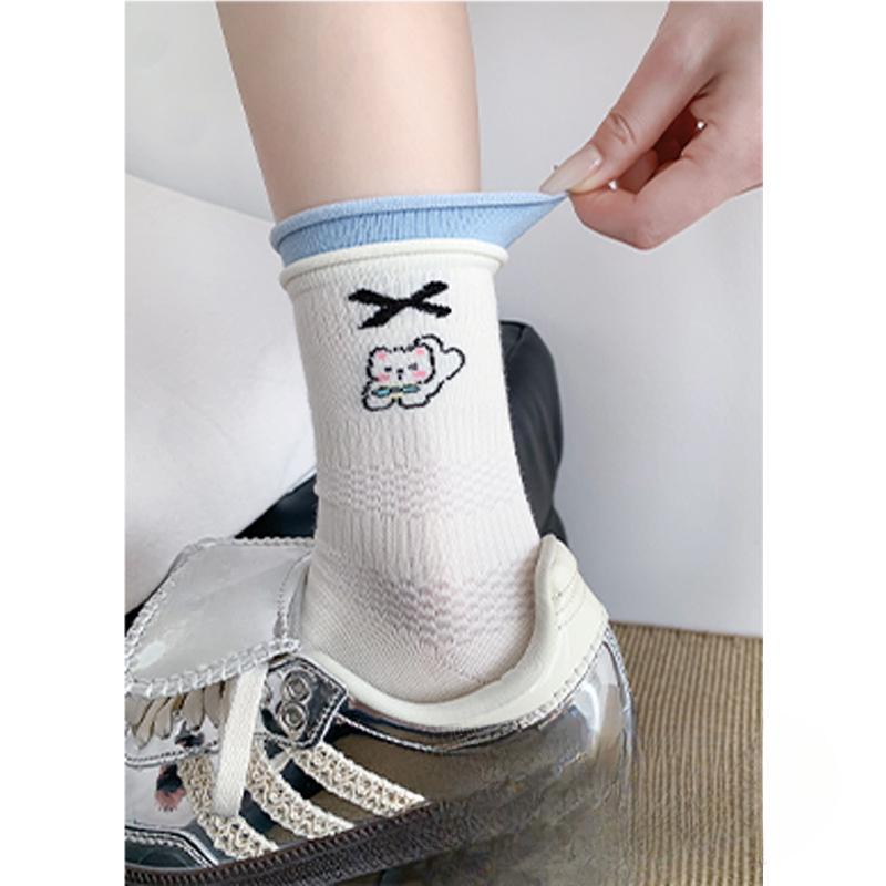 Female Fall Striped Cartoon Cute Preppy Bow Puppy Mid Tube Socks