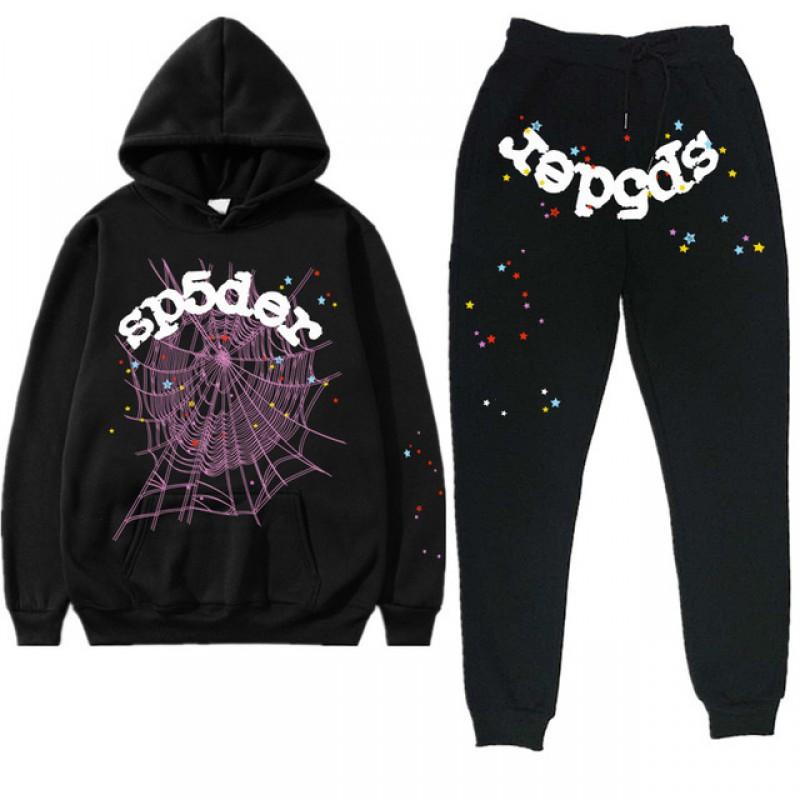 Completo Felpa con Cappuccio e Pantaloni Jogger Unisex con Stampa Ragnatela Streetwear Casual