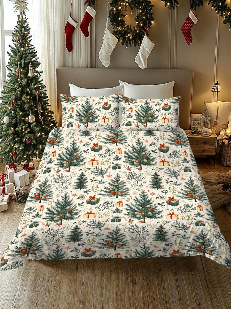 2/3pcs Christmas Tree, Gift, Snowflake, Deer, Santa Claus Pattern Digital Printing Brushed Duvet Cover Set, Soft & Comfortable