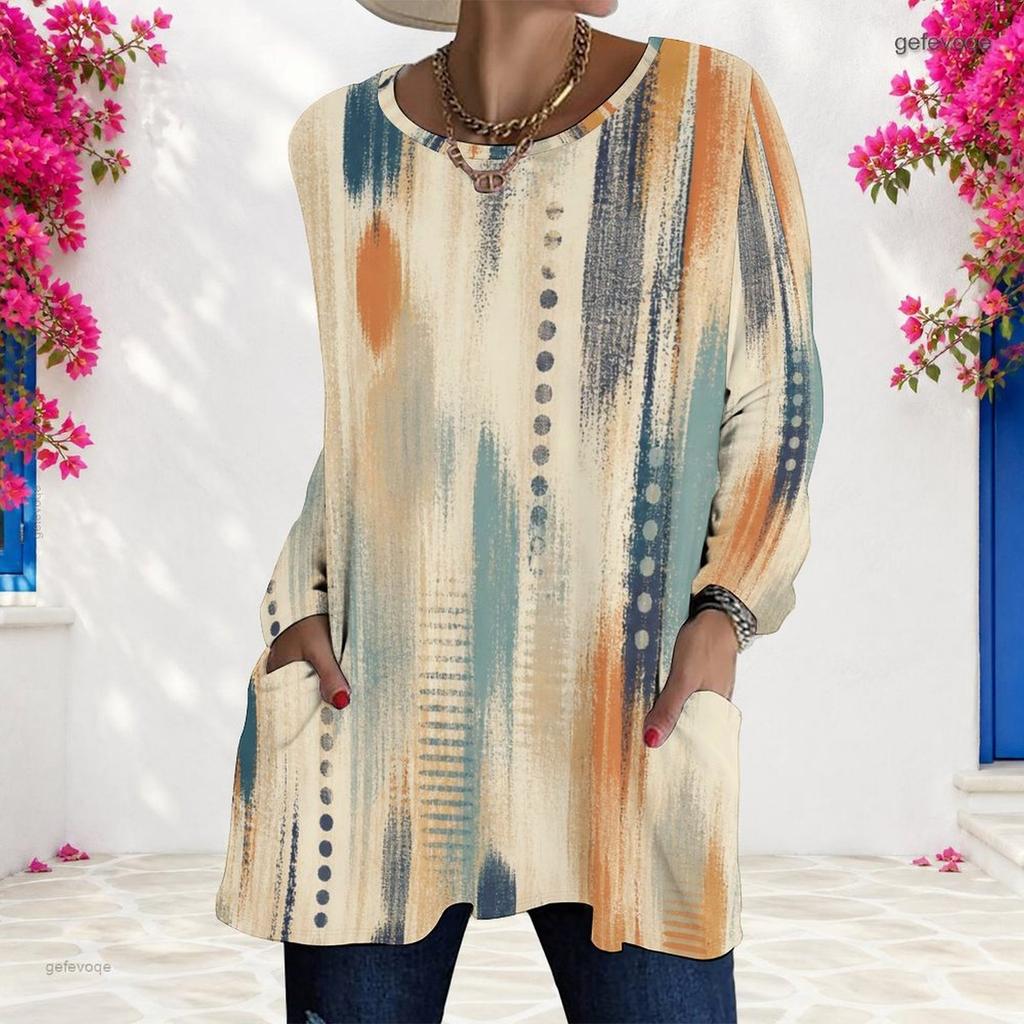 Women Plus Size Round Neck Long Sleeve Abstract Printed Loose Fit Longline T Shirt With Pockets