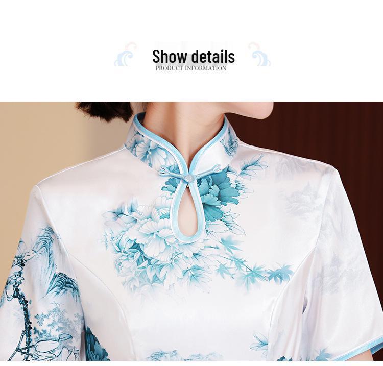 2025 Retro Chinese National Style Ao Dai Print Cheongsam Dress: Short Sleeve, Long Design for Women