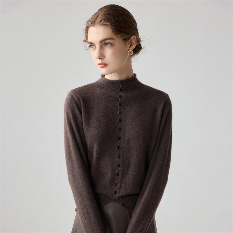 Lekasha 100% Pure Cashmere Cardigan Sweater - Solid Color, Half-High Collar, Autumn/Winter Style