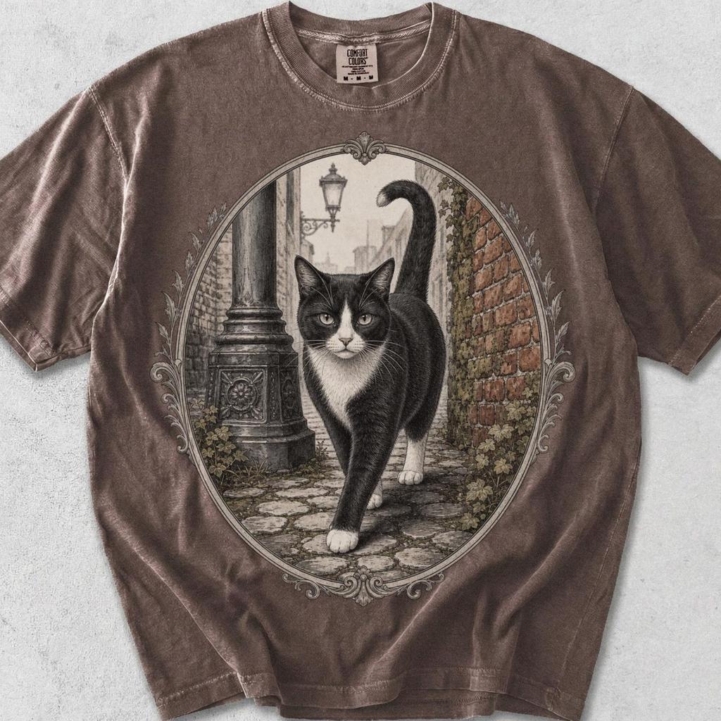 Tuxedo Cat Tee: Relaxed Fit, Vintage Cotton - Artistic Black & White Print