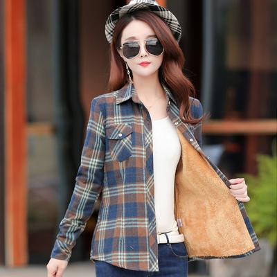Autumn and Winter Women's Shirt Plus Velvet Padded Long-Sleeved Warm Slim Plaid Jacket