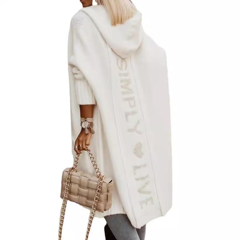 Women's Autumn and Winter Long Sleeve Lapel Hooded Long Cardigan Loose Sweater Jacket