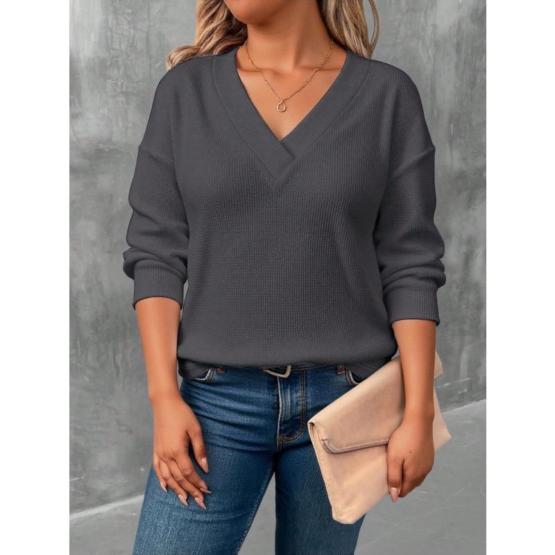 JPNTKY Women's Fashion Casual Solid Color Print V-Neck Long Sleeve Blouses & Shirts