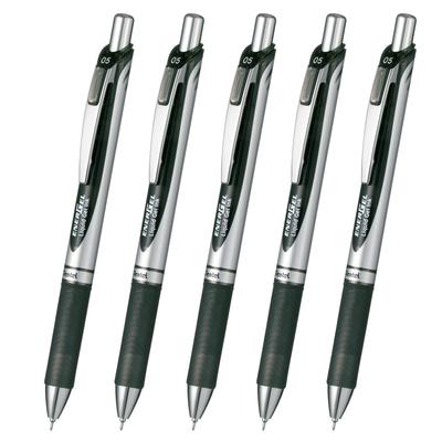 Pentel Energel Gel Ink Ballpoint Knock Silver 5 Pens Pen, Type, 0.5mm, Barrel, XBLN75ZA, Black,