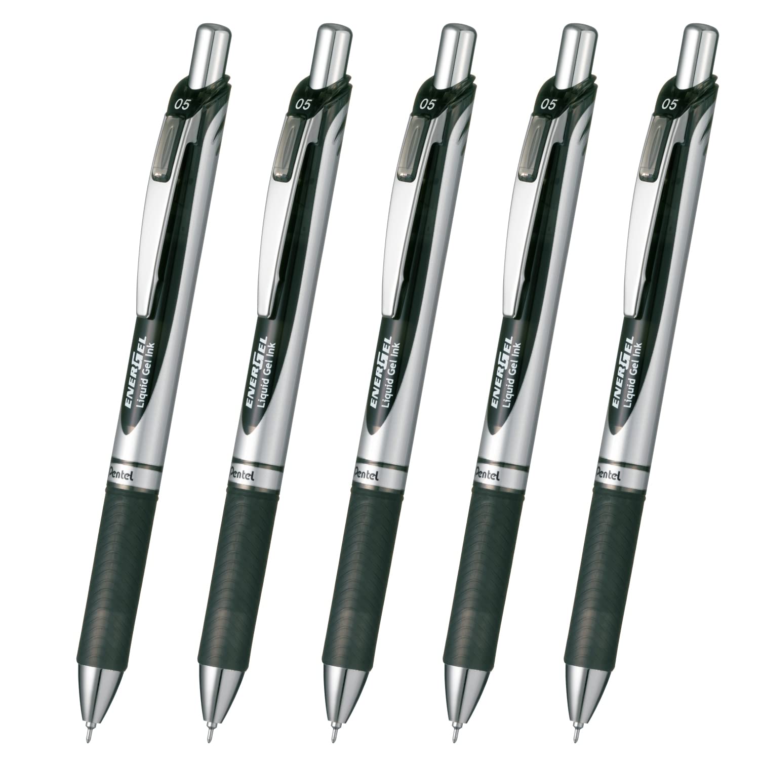 

Pentel Energel Gel Ink Ballpoint Knock Silver 5 Pens Pen, Type, 0.5mm, Barrel, XBLN75ZA, Black, чёрный