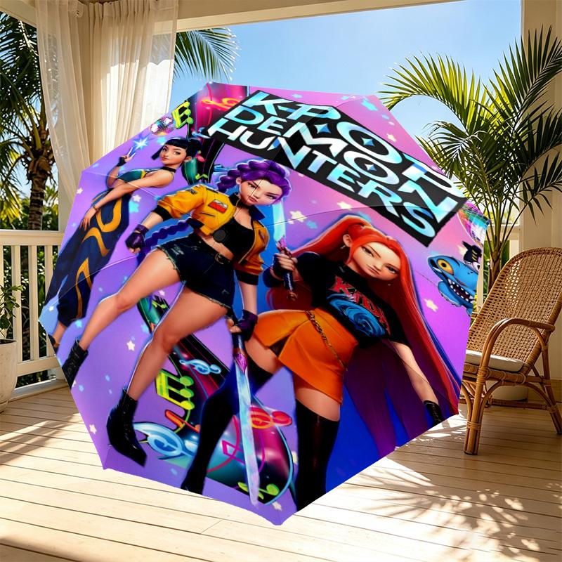 KPop Demon Hunters Print Automatic Open Close Umbrella, Portable Foldable Umbrella, for Outdoor Commute Camping Trip, Ideal Birthday Gift