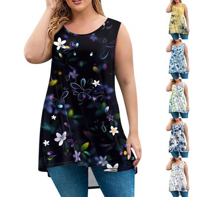 Women's Fashion Large Size Round Neck Sleeveless Casual Print Loose Pullover Top
