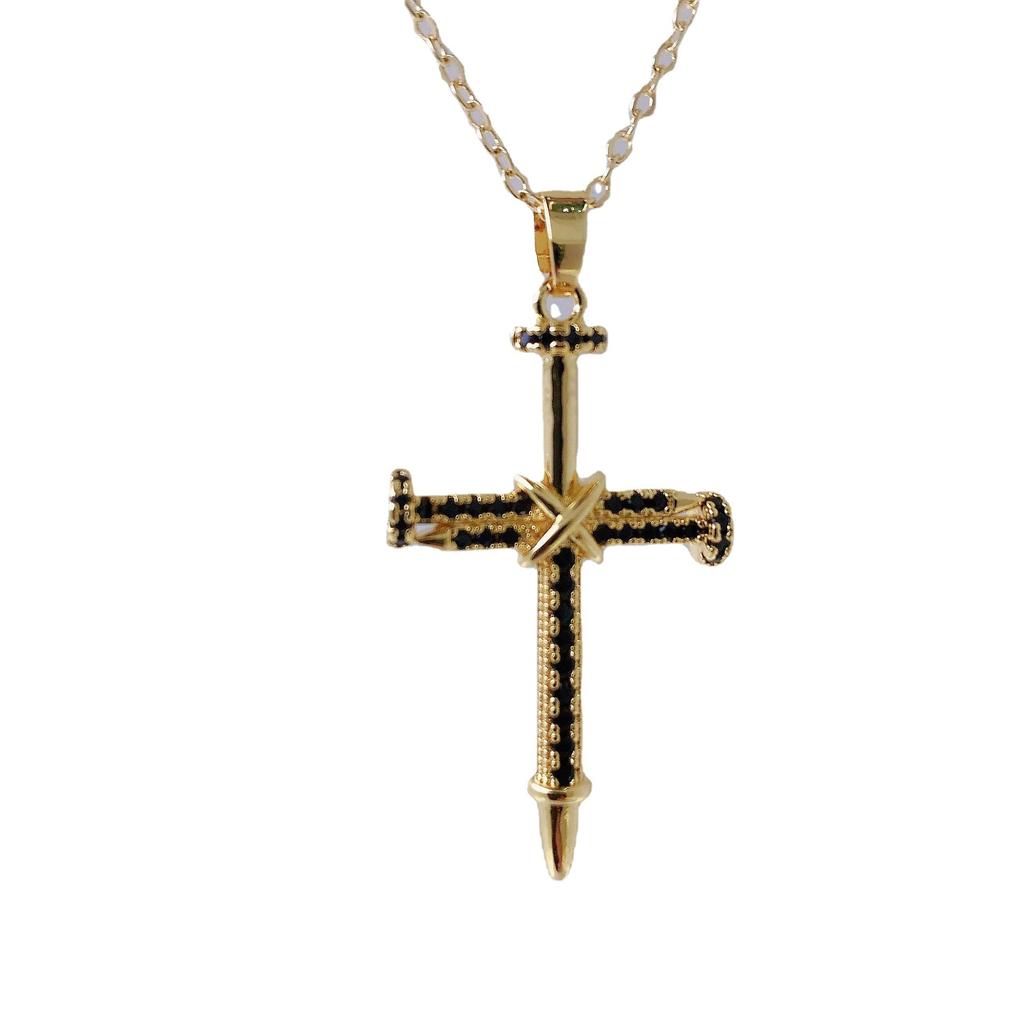Micro-Set Zircon Cross Pendant 14K Gold Chain Necklace Delicate Daily Wear Nail Charm