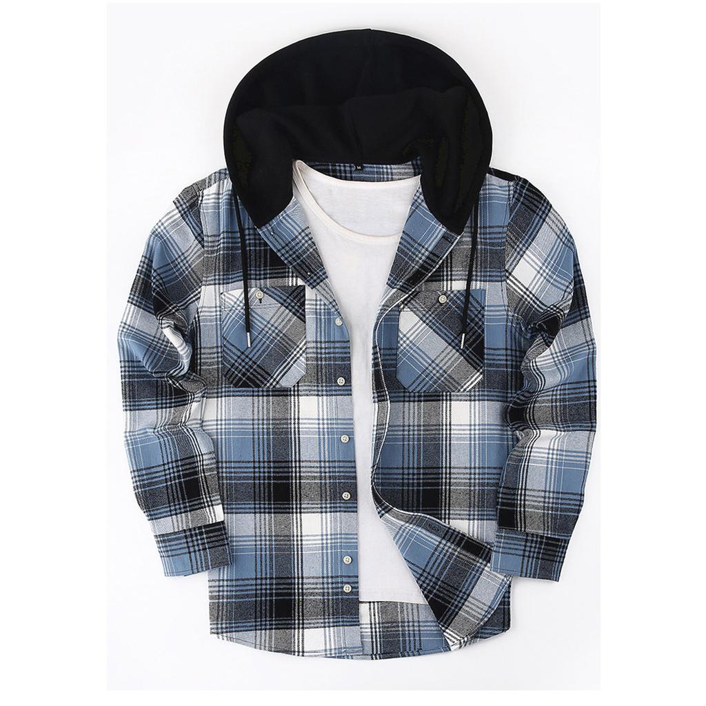 Mens Classic Plaid Long Sleeve Hooded Shirts Multi Pockets Thin Cotton Light Jacket Relaxed Fit Casual Outwear
