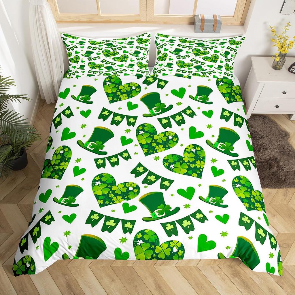Kids Happy St. Patrick'S Day Duvet Cover Twin Queen Green Clover Comforter Cover With 2 Pillowcases, Colorful Plank Bedding Set