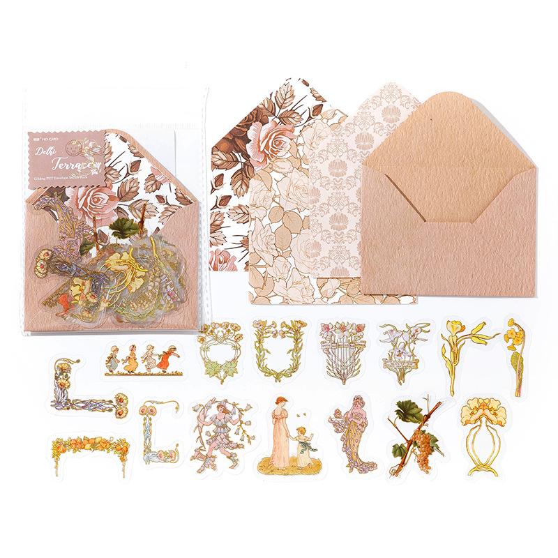 30Pcs Stickers + 1 Envelope + 3Pcs Material Paper Set Gold Foil Craft DIY Scrapbook Journal Diary Album Decorative Supplies