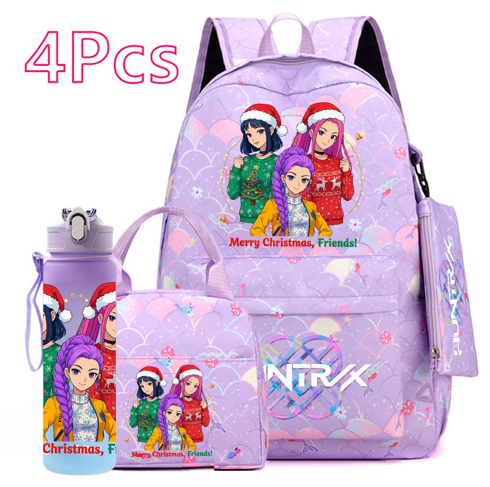4Pcs/set Christmas KPOP Printed Backpack with Handbag Pencil Case 750Ml Water Bottler for Teenager Boy Girl Large Capacity Bookbag Schoolbag Kid Gift