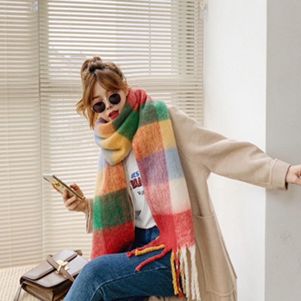 Long Tassel Cashmere Scarf Female Korean Style Rainbow Winter Plaid Shawl 2023 Thickened Scarf