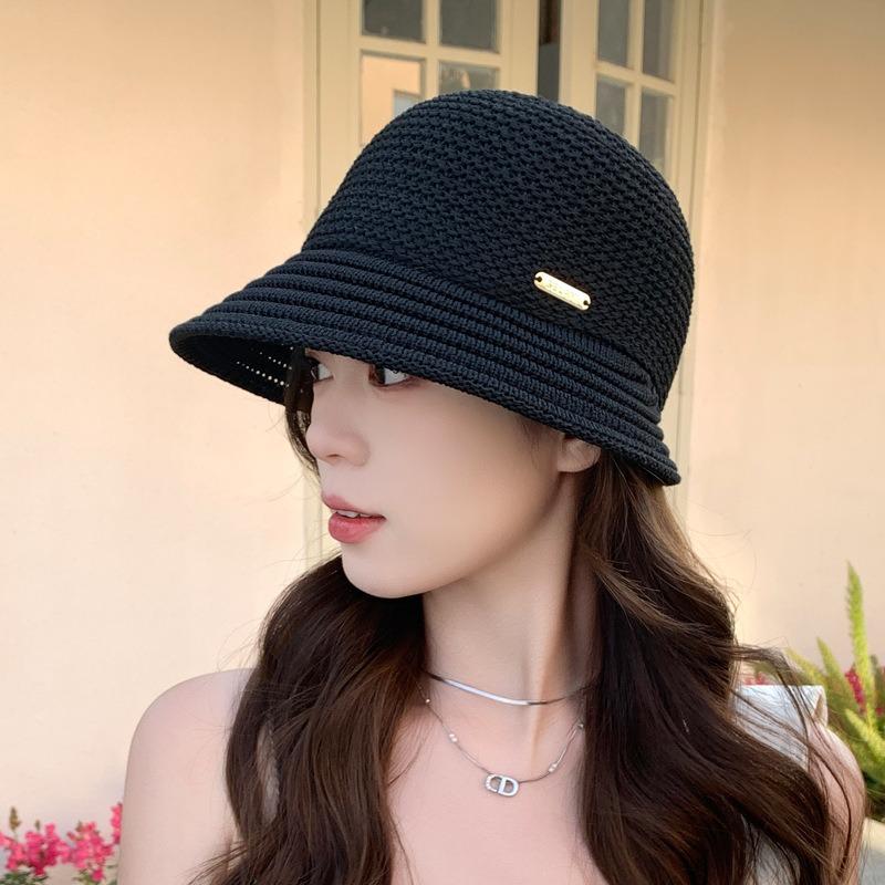 Hat Women's Thin Hollow Knitted Basin Hat Spring and Summer Sun Hat Show Small Irregular Brim Simple Versatile Breathable