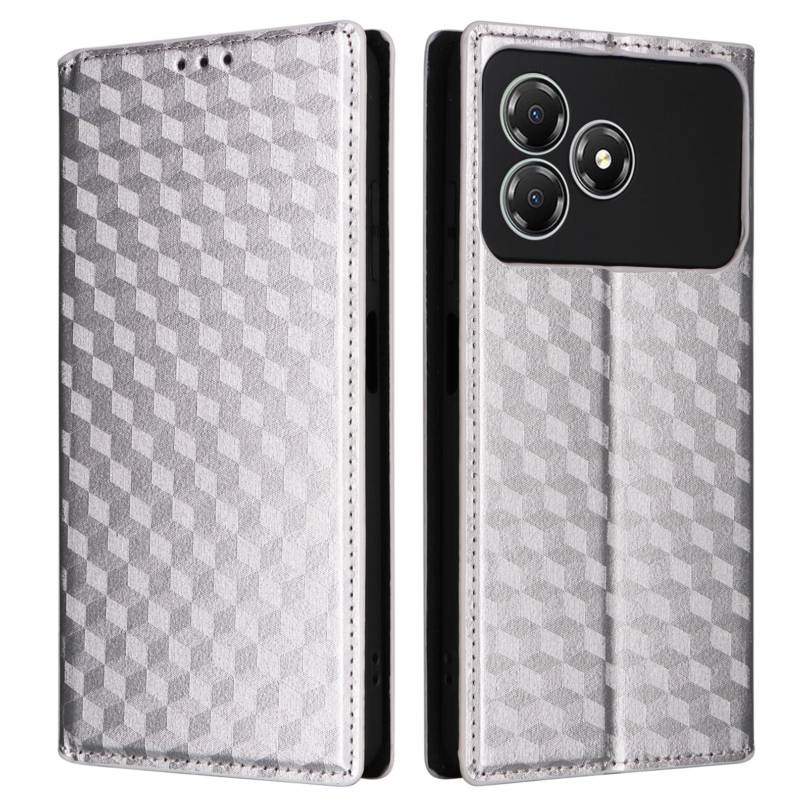 

For ZTE Blade A36/nubia A36 Case Wallet Rhombus Imprinted Leather Phone Cover Silver