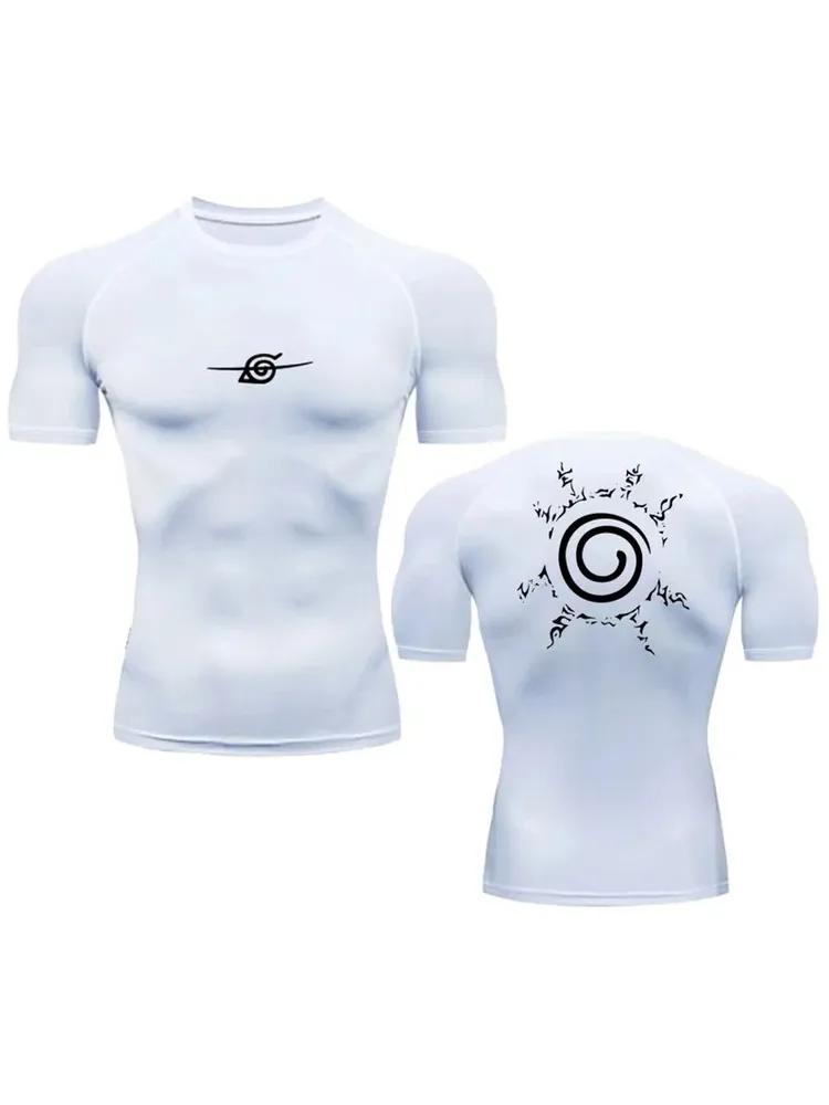 Men s Grey Naruto Anime Print Compression T-Shirt, Quick Dry Breathable Double-Sided Gym Workout Training Top S